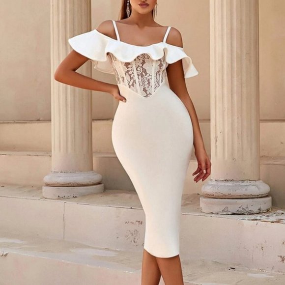 white lace front ruffle trim bodycon dress classy sassy sexy elegant holiday - Picture 2 of 6